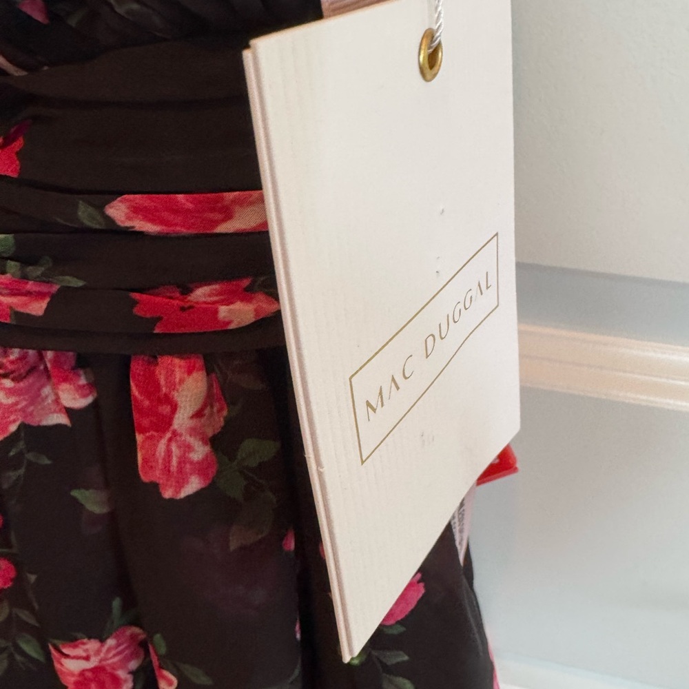 Mac Duggal Black One-Shoulder High-Low Floral Dress with Pink Roses - Picture 3 of 5
